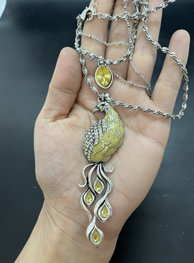 Vintage复古珐琅彩孔雀动物双层长款项链毛衣链吊坠时尚烤银项链