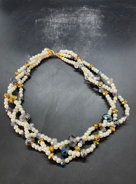 三层白色琉璃珍珠短款项链金色捷克水晶珠项链麻花旋转