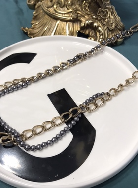 Vintage灰珍珠金色链条简约长款项链 保存品