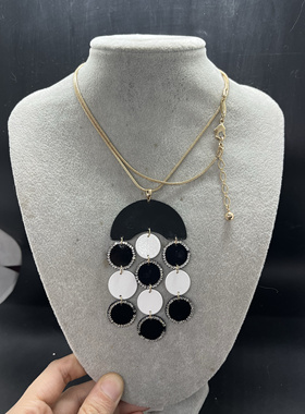 Vintage中古trifari项链翠法丽70年代黑白现代解离风格长款项链