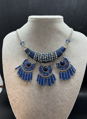 蓝色复古流苏波西米亚民族风米珠短款项链时尚吊坠