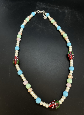 手工琉璃陶瓷珍珠草莓短款项链捷克水晶珠不规则配饰