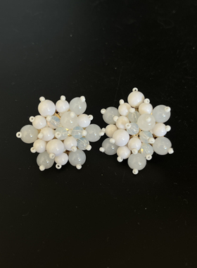 手工仿欧泊白色耳钉耳饰配饰耳环金色法式复古气质花朵优雅