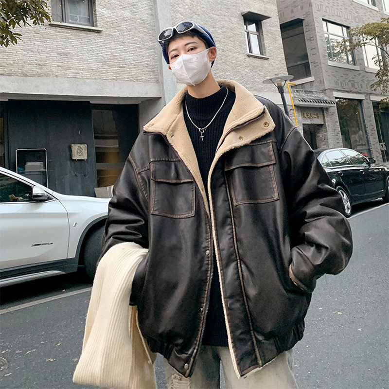 皮毛一体棉服外套男飞行员夹克冬美式复古羊羔绒加厚加绒机车
