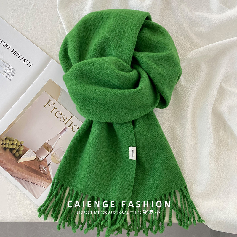 澳洲纯羊毛围巾女秋冬季百搭水波纹加长加厚绿色围脖披肩