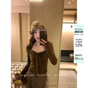 2026春季 MLS 绒球暖缚 韩女氛围 上衣女飘带绒球毛毛抹胸T恤 新款