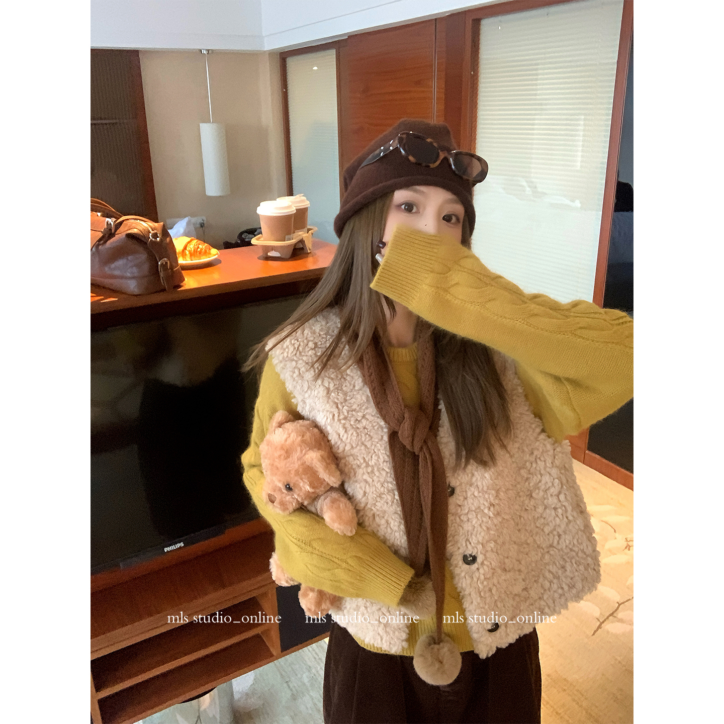 MLS绵绵马甲V领系扣毛马夹女