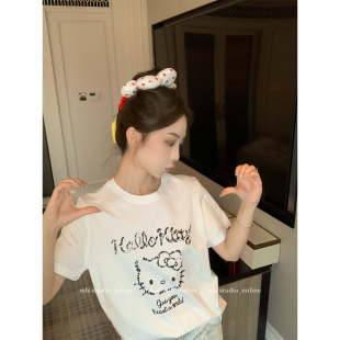 MLS 韩系简约宽松休闲上衣 减龄天菜 kitty猫印花正肩T恤女春夏季
