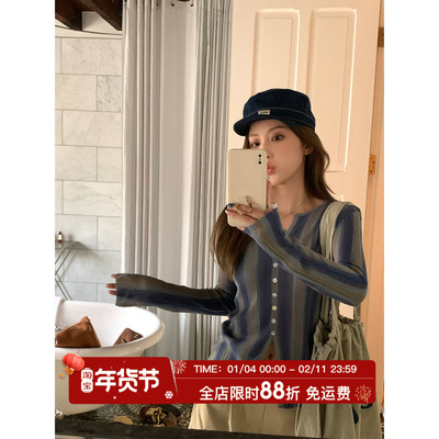 MLS 瘦瘦小蛮腰 韩系氛围开叉条纹针织衫女秋季收腰V领长袖上衣