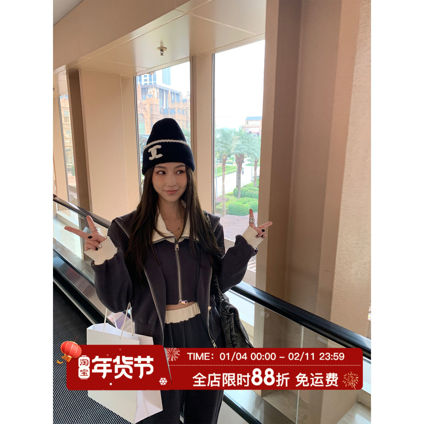 MLS 假两件休闲运动套装女夏季宽松慵懒设计感短款卫衣卫裤两件套