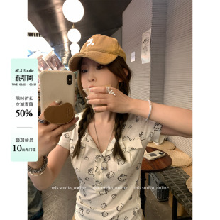 甜酷少女 短款 kitty印花口袋短袖 V领两穿修身 上衣 T恤女夏季 MLS