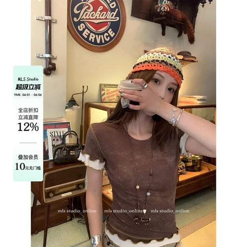 MLS 松弛夏日 假两件纹理感花边短袖T恤女夏季正肩修身短款上衣