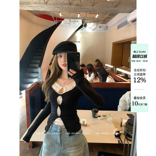 MLS 蕾丝天菜 浪漫点睛 2026春季新款上衣女扭结拼蕾丝假两件T恤