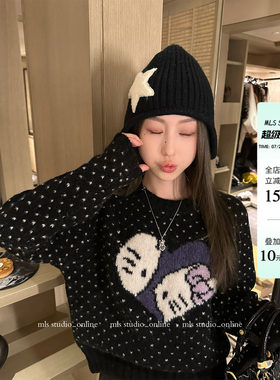 MLS 摩登kitty 甜酷风2026春季新款上衣女爱心凯蒂猫落肩针织毛衣