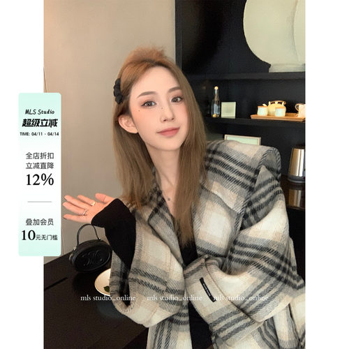 MLS斗篷千金复古格纹毛呢外套女