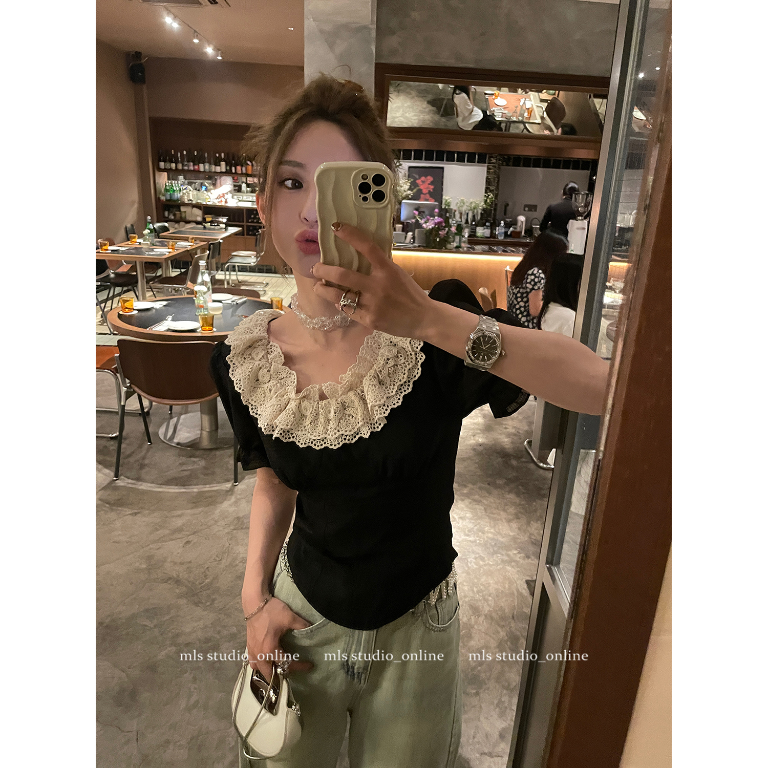 MLS 蕾丝花边领小衫短袖衬衣女独特别致小上衣设计感小众衬衫洋气