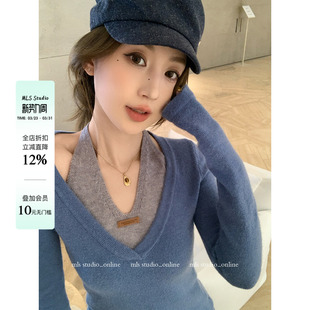 撞色上衣女假两件挂脖针织衫 miu系叠穿2026春夏新款 拼色狙击 MLS
