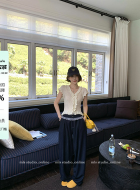 MLS 辣妹ACE 拼接格纹裤头阔腿裤女夏季小众设计感宽松休闲拖地裤