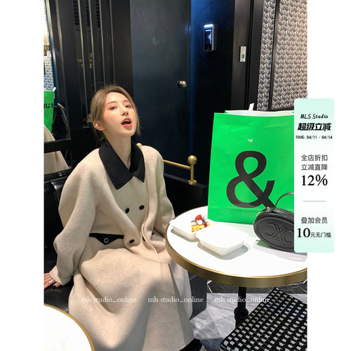 MLS韩女双面呢赫本风大衣女