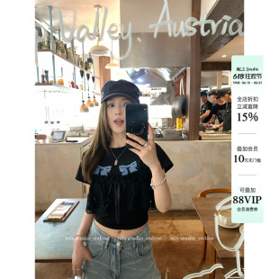 MLS 甜系少女 韩系蝴蝶结印花短袖T恤女夏季层次感蕾丝吊带罩衫