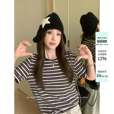 MLS 条纹节拍 显瘦纸片人2026春夏新款上衣女经典圆领撞色条纹T恤