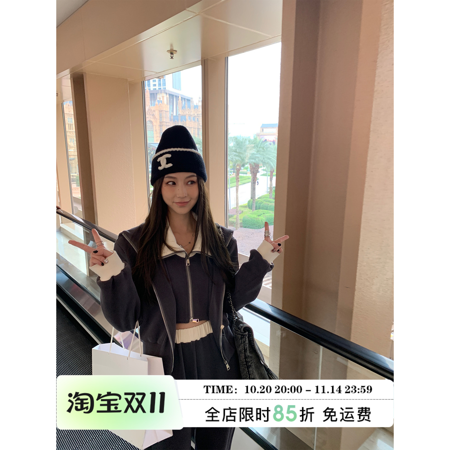 MLS 假两件休闲运动套装女夏季宽松慵懒设计感短款卫衣卫裤两件套