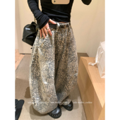 城市猎人 设计感廓形豹纹弯刀裤 女秋新款 MLS 宽松休闲阔腿拖地裤