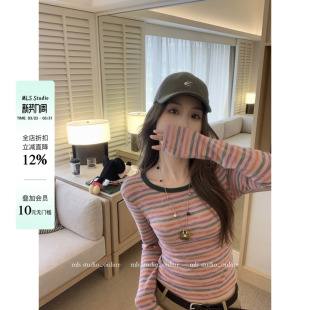 上衣女显瘦撞色条纹修身 清新减龄2026春夏新款 T恤 彩虹多巴胺 MLS