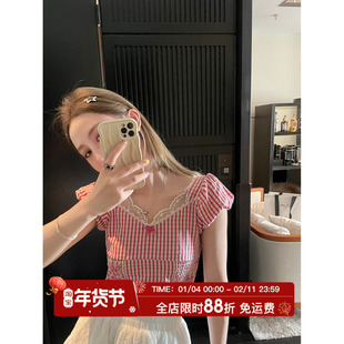 MLS 格子衬衫女2025夏装新款仙女上衣超仙甜美短袖蕾丝拼接上衣