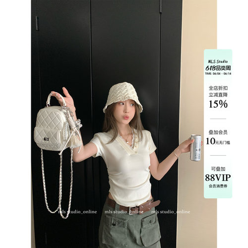 MLS 夏沫情书 法式氧气感蕾丝V领短袖T恤女夏季甜美小众修身上衣