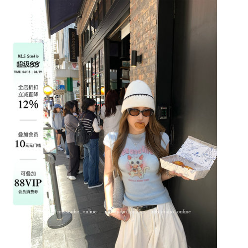 MLS 喵星人 肌理华夫格2026春夏新款上衣女正肩猫咪卡通印花短T恤