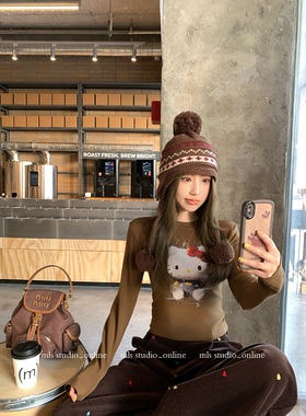 MLS cute配方 手绘童趣风2025冬季新款上衣女凯蒂猫磨毛印花T恤