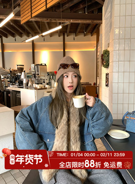 MLS 暖绒牛仔 冬季新款女真貉子毛领90白鸭绒保暖牛仔羽绒服外套