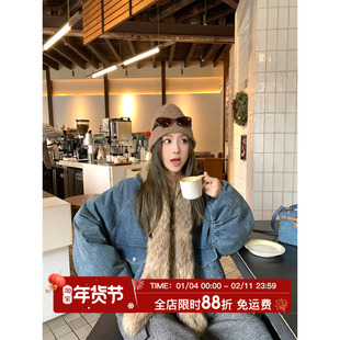 MLS 暖绒牛仔 冬季新款女真貉子毛领90白鸭绒保暖牛仔羽绒服外套