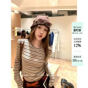 女春夏新款 韩系条纹打底衫 2026修身 短款 T恤 MLS 长袖 miu系欧尼