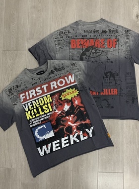 美式街头FIRST ROW做旧印花短袖T恤男女同款宽松摇滚标语潮牌上衣