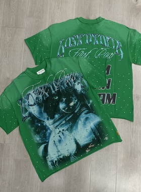 美式高街FIRST ROW绿色短袖T恤男女宽松圆领印花烫钻做旧洗水上衣