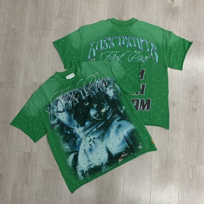 美式高街FIRST ROW绿色短袖T恤男女宽松圆领印花烫钻做旧洗水上衣