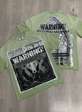 FIRST ROW高街潮牌建筑印花T恤男女宽松纯棉洗水做旧复古圆领短袖