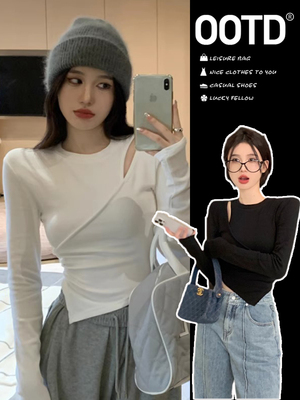 不规则长袖t恤女春季2025新款内搭白色打底衫修身小个子短款上衣
