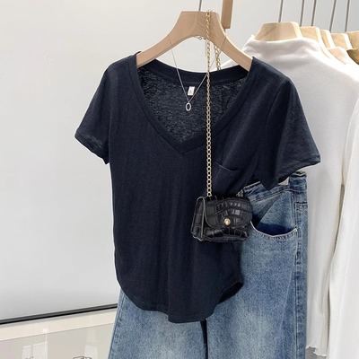 深蓝色正肩短袖t恤女夏季2025新款半袖V领修身高腰小个子短款上衣