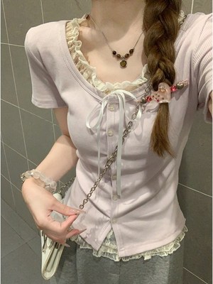 粉色假两件套蕾丝右肩短袖t恤女子夏季2025新腰围苗条看t恤短上衣