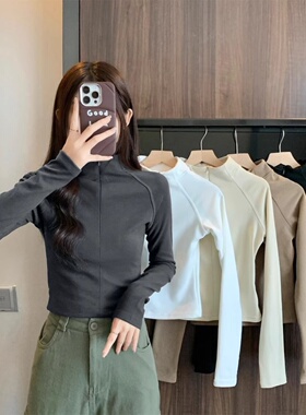 灰色长袖女t恤初秋2025新款内半高领底裤衬衫拉炼修身短上衣