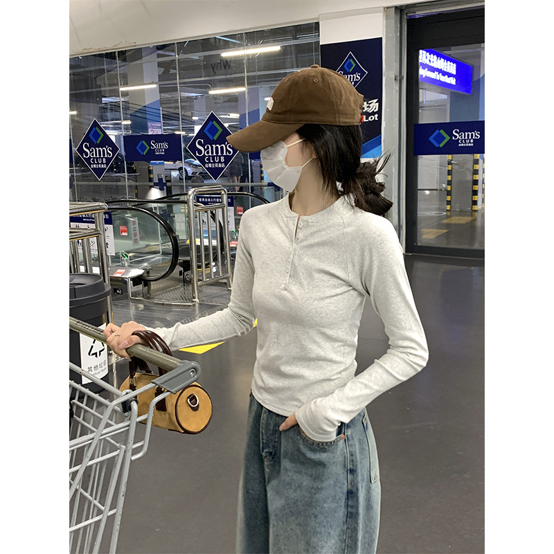 灰色半开领长袖t恤女2024新款早秋季内搭打底衫修身高腰短款上衣