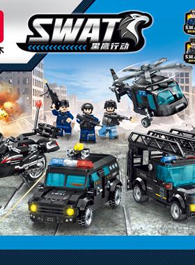 森宝104316装甲防暴车反恐直升机黑鹰行动男积木拼装DIY玩具礼物