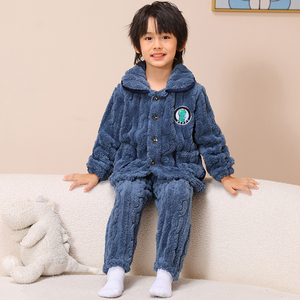 儿童珊瑚绒睡衣男童翻领加绒冬季加厚男孩女童法兰绒家居服套装