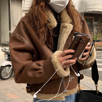 首尔短款加厚咖色羊羔毛外套女