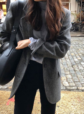 ◆时髦英伦感 50%羊毛 韩版休闲宽松灰色毛呢人字纹西装外套女冬