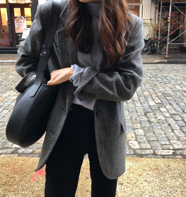 时髦英伦感人字纹西装外套女冬