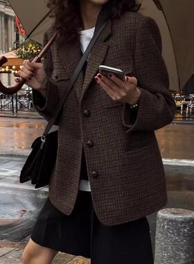 复古赫本系列~2024新款 韩版休闲宽松格纹高级羊毛呢西装外套女春